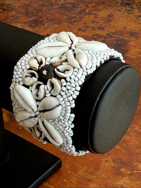 Jewelry - White Beaded Cowrie Shell Cuff Bracelet/ Anklet Stretchy Elastic Button Closure